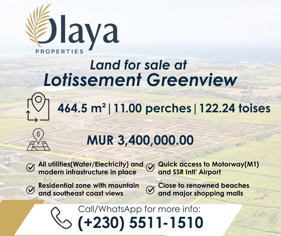 Land for sale at Lotissement Greenview — 464.5 m², 11.00 perches, MUR 3,400,000